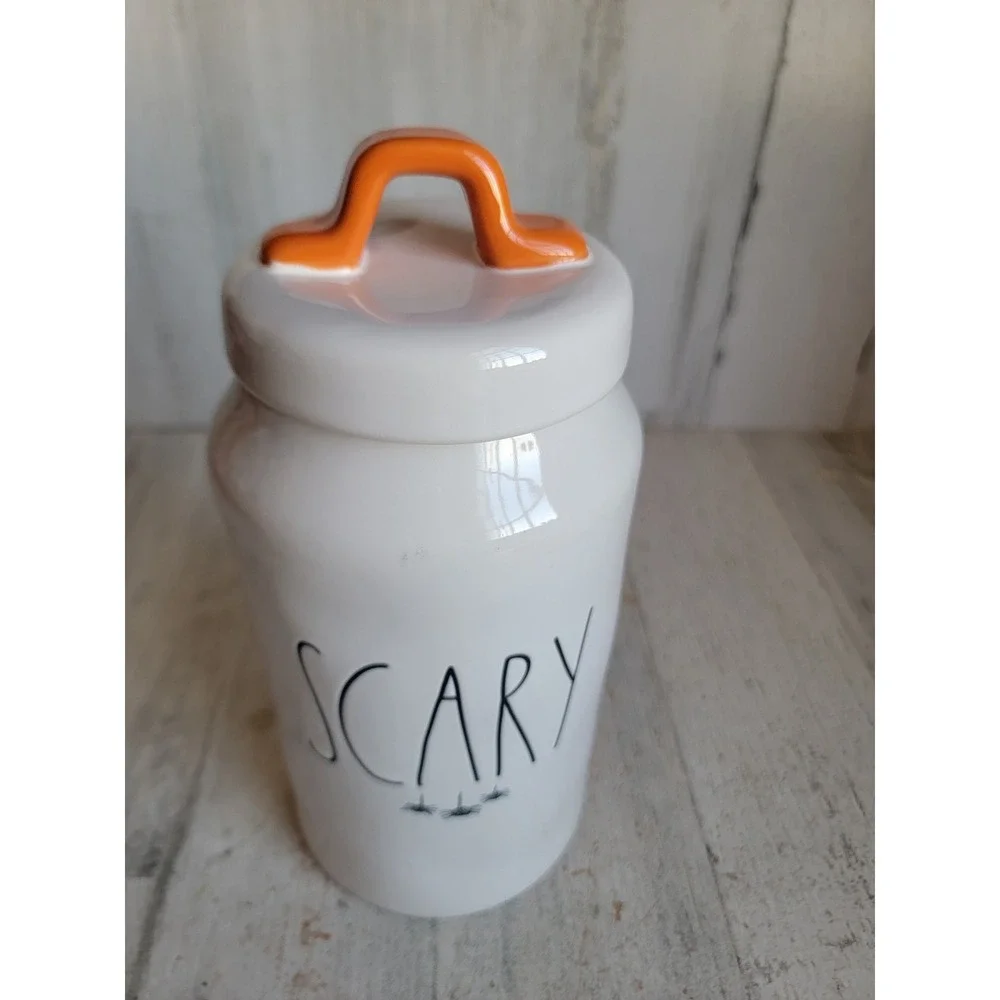 Rae Dunn tall scary Halloween ceramic canister jar spider‎ web home decor